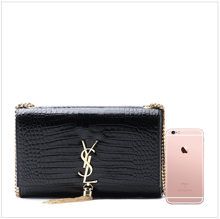 YSL 圣罗兰 2017新款 MONOGRAM系列 女士黑色牛皮logo流苏链条单肩斜挎包