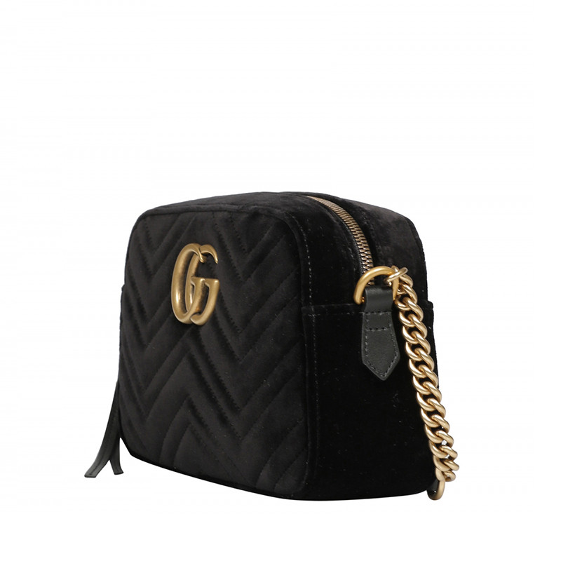 gucci/古驰 18新款gg marmont 女士黑色小号天鹅绒链条单肩包