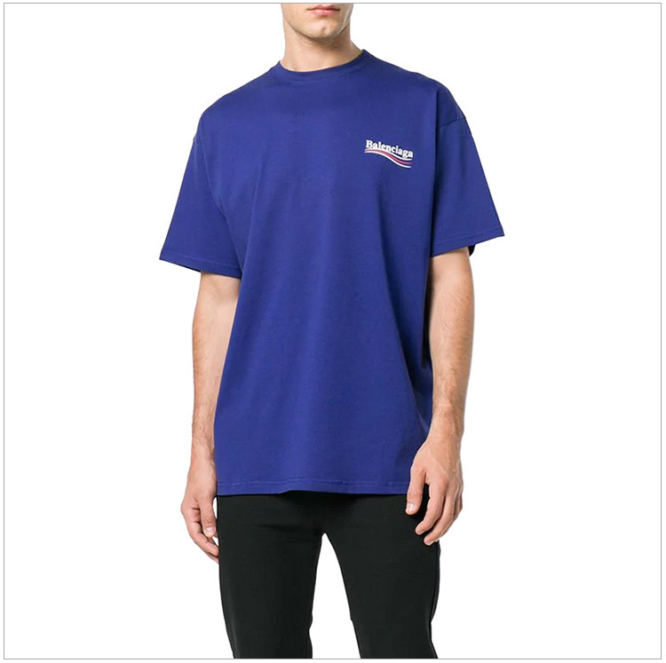 巴黎世家 19春夏 男士蓝色棉质logo标识时尚休闲圆领短袖t恤