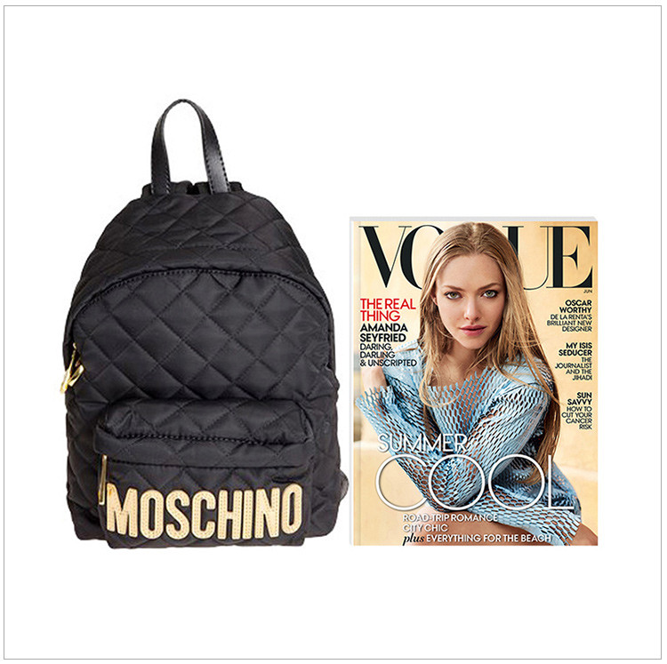 moschino/莫斯奇诺 女士黑色尼龙菱格纹logo双肩包背包旅行包女包