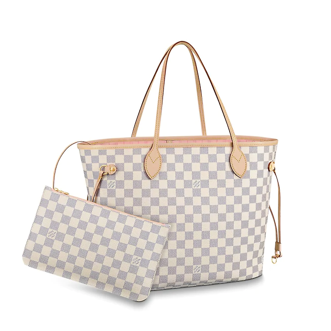 louisvuitton/路易威登neverfullmm号中号子母购物袋白色棋盘格pvc/配