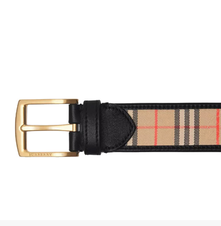 burberry/博柏利 男士时尚棕色经典格纹小牛皮针扣式腰带裤带皮带