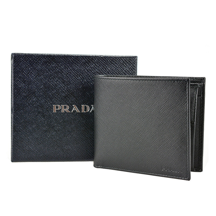 prada 普拉达 18秋冬新品男士黑色牛皮钱夹 压纹对折短款钱包 2m0738