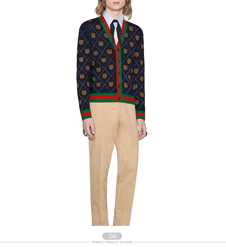 gucci/古驰 男士针织衫/毛衣羊毛拼色愤怒猫格子 474319-x1464-4036-0