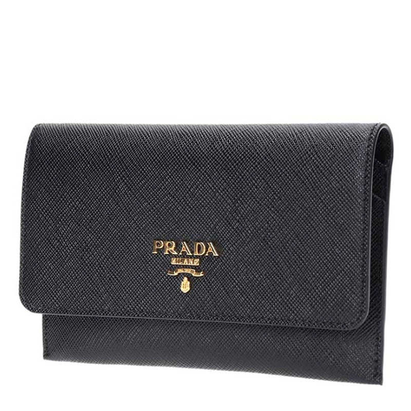 prada 普拉达 女包 女士金属logo十字纹折叠暗扣卡包钱包二合一 黑色