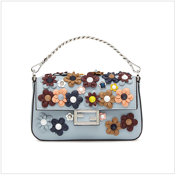 fendi 芬迪 micro baguette系列 女士蓝色牛皮花朵装饰手提包