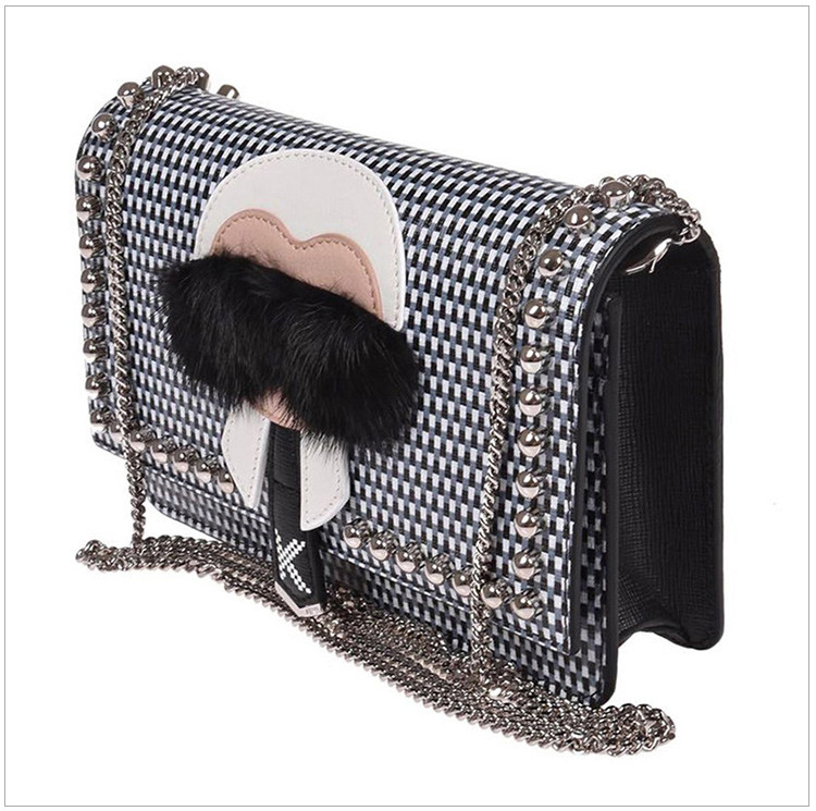 FENDI 芬迪 女士灰色皮革老佛爷头像链条手拿