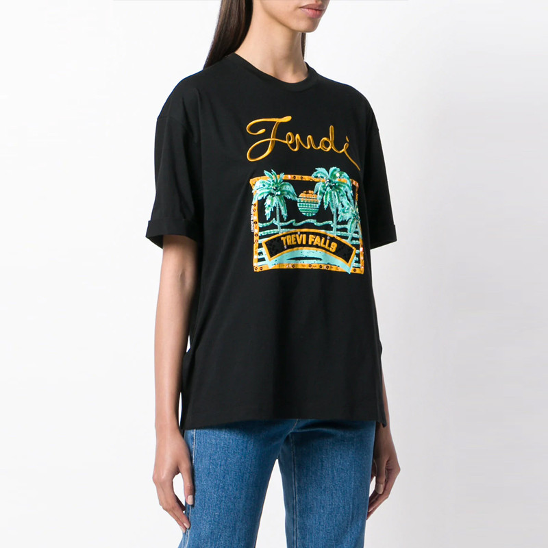 fendi/芬迪 女士黑色水钻亮片夏威夷短袖t恤 fs7011 a43h f0gme