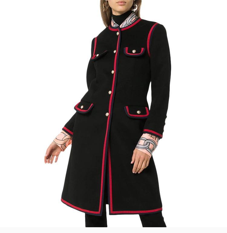 gucci/古驰 女装 服饰 黑色配红边羊毛长款外套女士大衣