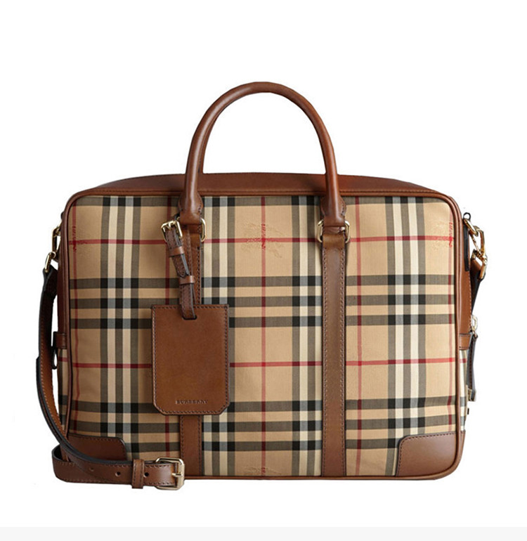 burberry/博柏利 男士卡其色皮革经典格纹时尚手提包单肩斜挎包公文包