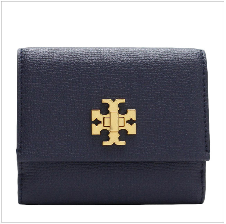 tory burch/托里伯奇 女士深蓝色皮革金属logo徽标短款折叠钱包卡包