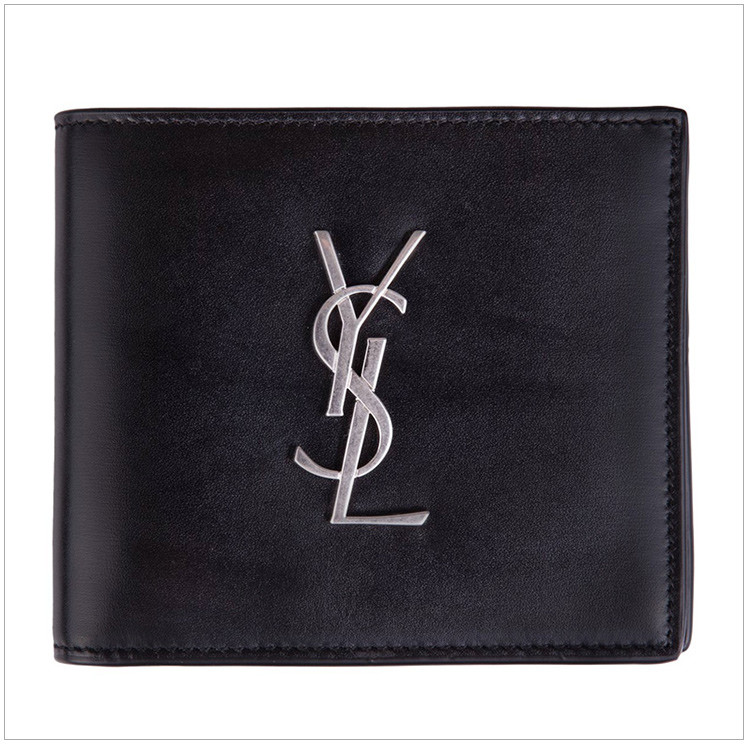 ysl 圣罗兰 女士黑色小牛皮银色字母logo徽标短款对折钱包