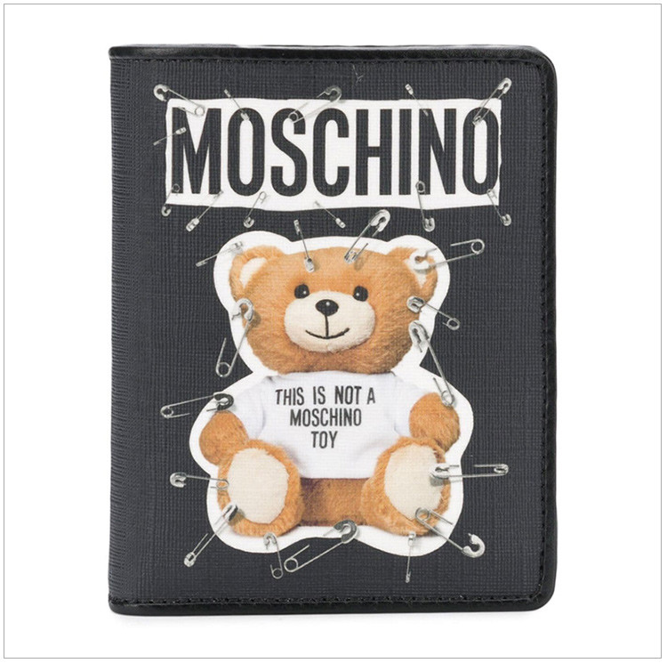 moschino/莫斯奇诺 女士牛皮经典logo别针泰迪熊印花折叠按扣多卡位