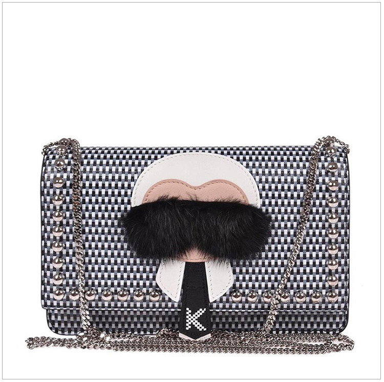 FENDI 芬迪 女士灰色皮革老佛爷头像链条手拿