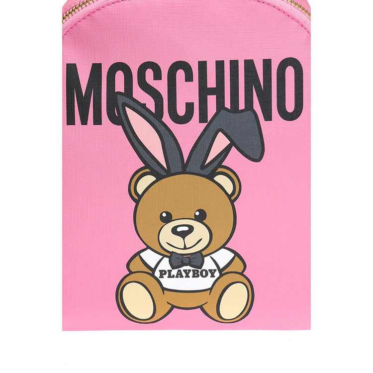 高仿moschino/莫斯奇诺 男女同款粉红色兔耳朵泰迪熊印花双肩背包 a