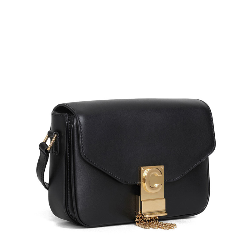 celine/赛琳 19春夏新款 女士黑色小牛皮单肩包 正面饰有c字图案和