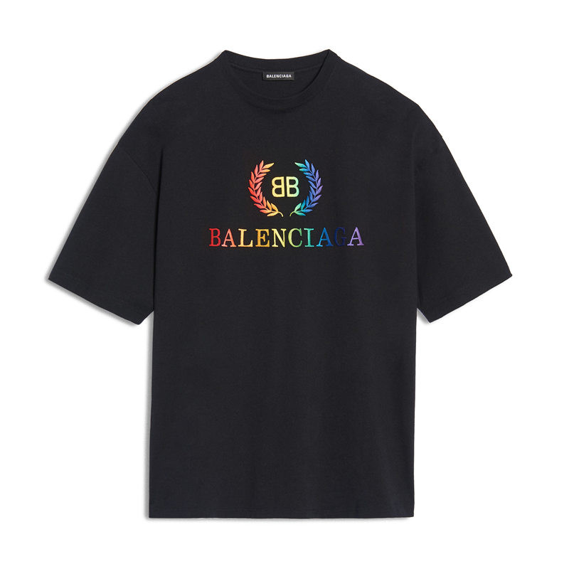 balenciaga/巴黎世家 19春夏爆款男士黑色纯棉彩虹印花字母短袖t恤