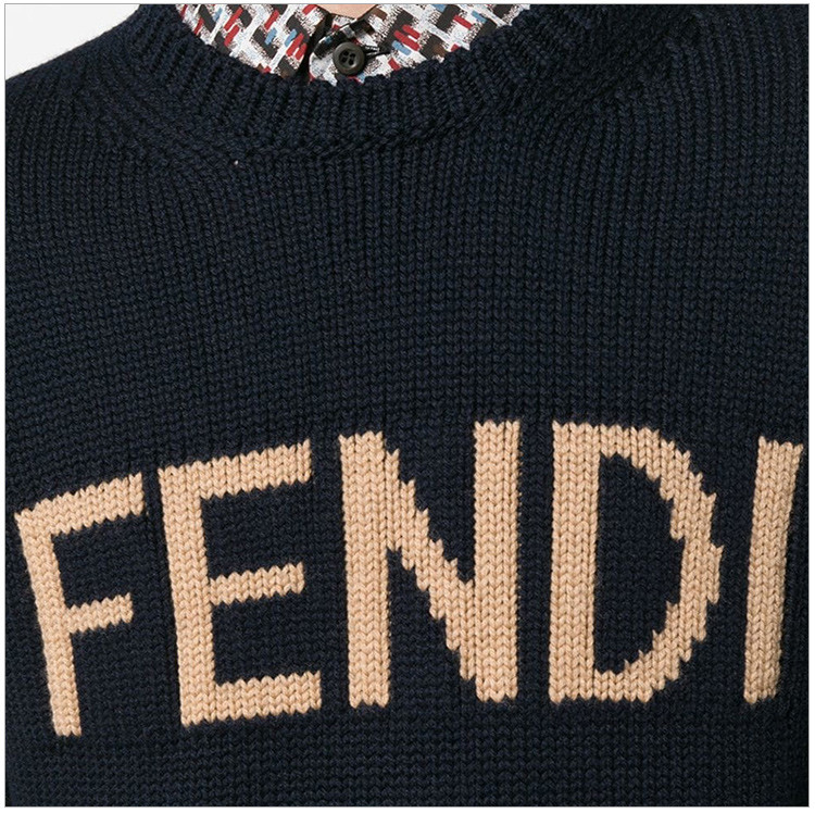 fendi/芬迪 18秋冬服装 男士拼色羊毛logo刺绣时尚圆领毛衣针织衣