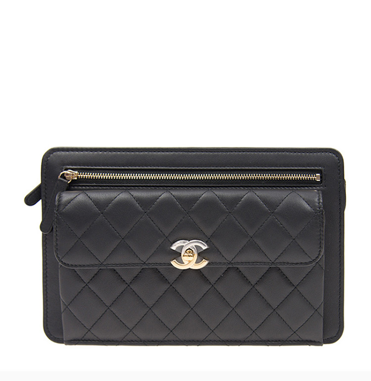【包税】Chanel 香奈儿 女士黑色羊皮菱格纹金扣LOGO标识手拿包