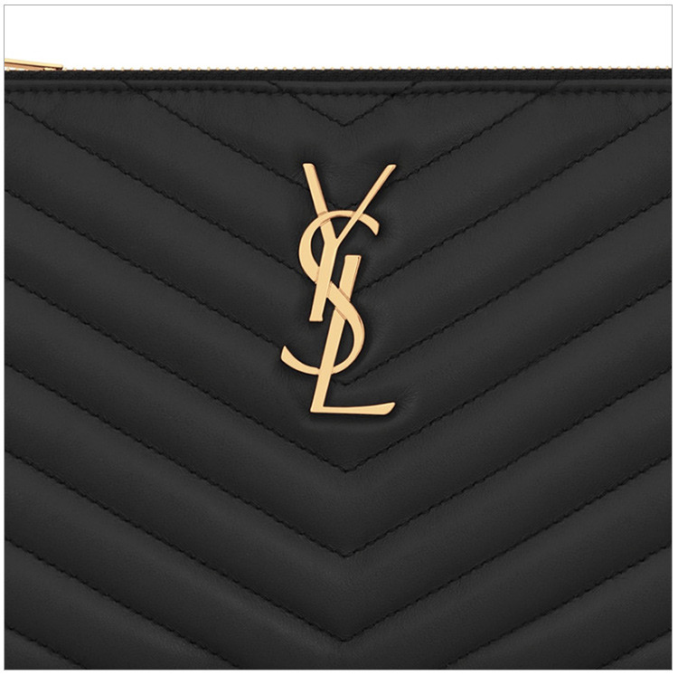 laurent paris/圣罗兰 monogram系列女士黑色小牛皮绗缝金属logo装饰