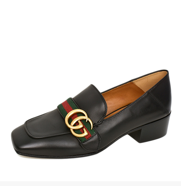gucci古驰女士黑色皮鞋经典红绿条纹浅口乐福鞋高跟鞋女鞋