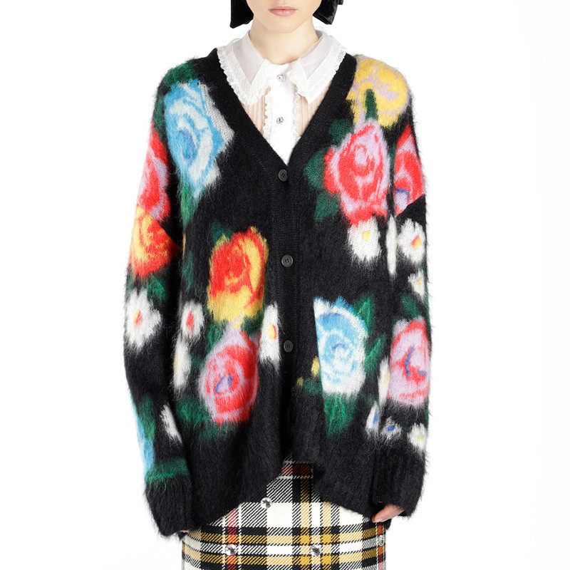 miumiu/缪缪 18秋冬女装新款 玫瑰印花 马海毛混纺v领宽松慵懒风开衫