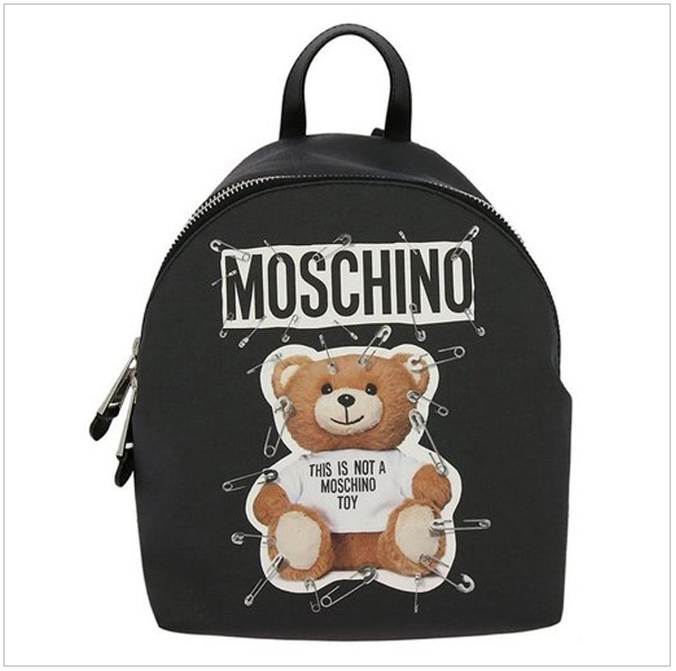 moschino/莫斯奇诺 18秋冬 女士曲别针黑色小熊图案时尚双肩背包 黑色