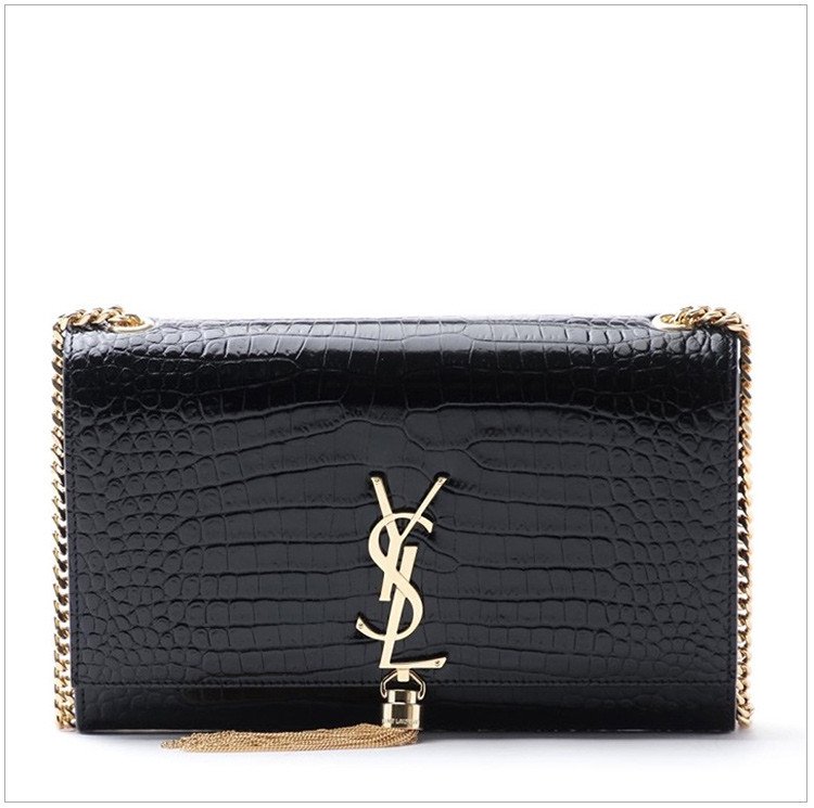 YSL 圣罗兰 2017新款 MONOGRAM系列 女士黑色牛皮logo流苏链条单肩斜挎包