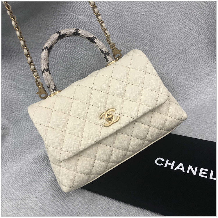chanel/香奈儿 女士米白色牛皮手提单肩斜挎包