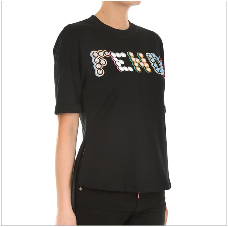 fendi/芬迪 蓝盈莹同款 女士徽标纯棉刺绣字母fendi标识时尚圆领短袖