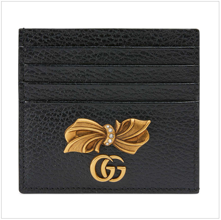 gucci/古驰 18秋冬 女士黑色牛皮蝴蝶结logo卡包钱包