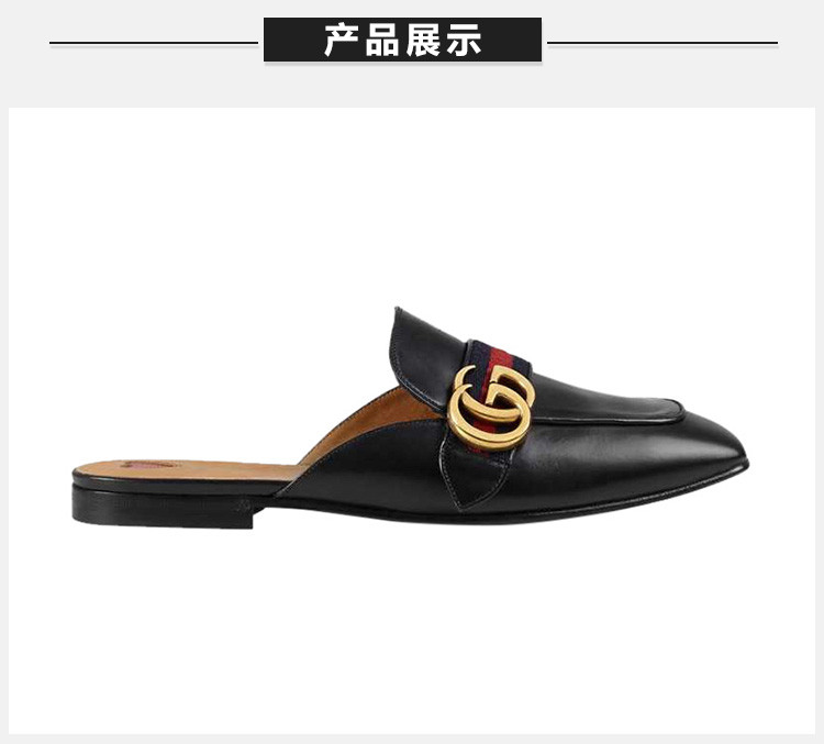 GUCCI/古驰 女士黑色牛皮双G标方头鞋低跟鞋休闲鞋穆勒鞋平跟鞋半包拖鞋凉鞋女鞋