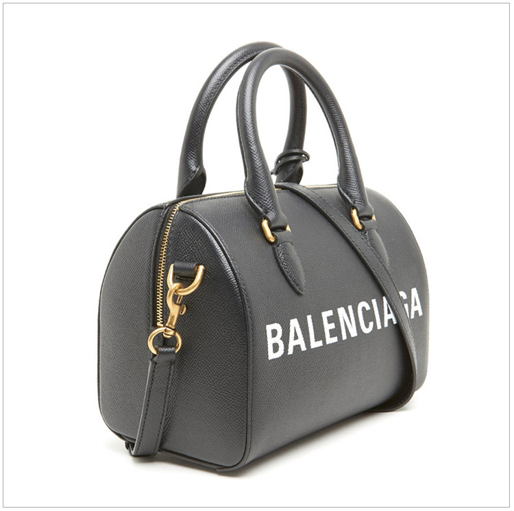 balenciaga/巴黎世家 女士黑色羊皮logo印花时尚波士顿包手提包单肩斜