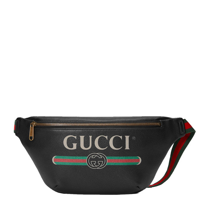 gucci/古驰 中性款式黑色牛皮gucci印花腰包 胸前斜挎包 493869图片