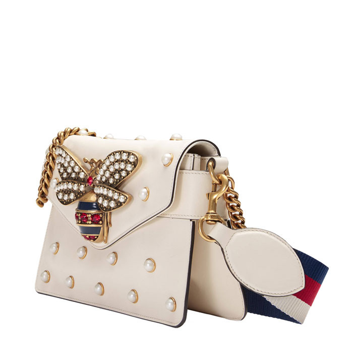 gucci/古驰 女士白色牛皮珍珠限定款broadway蜜蜂包 单肩包 453778 dv