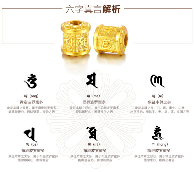 bfn/芭法娜 六字箴言 3d硬金足金 六字大明咒三连珠男款转运珠精品