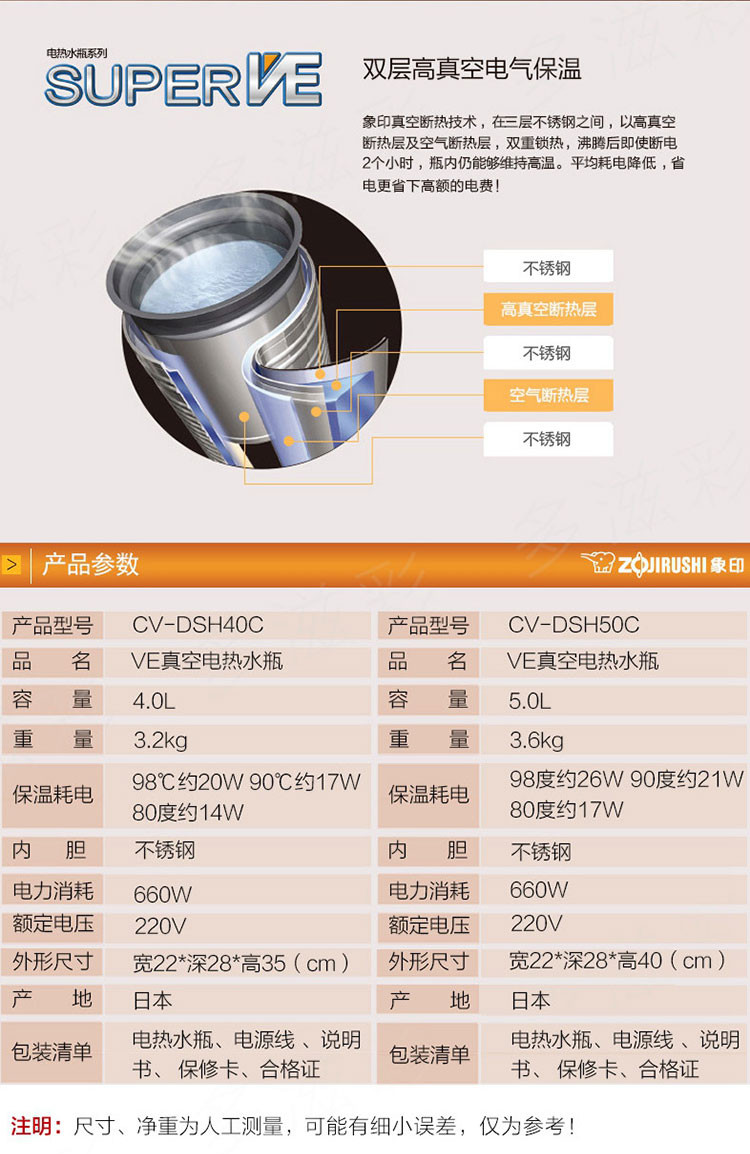 zojirushi/象印 日本原装进口电热水瓶 微电脑ve真空保温电水壶5l cv