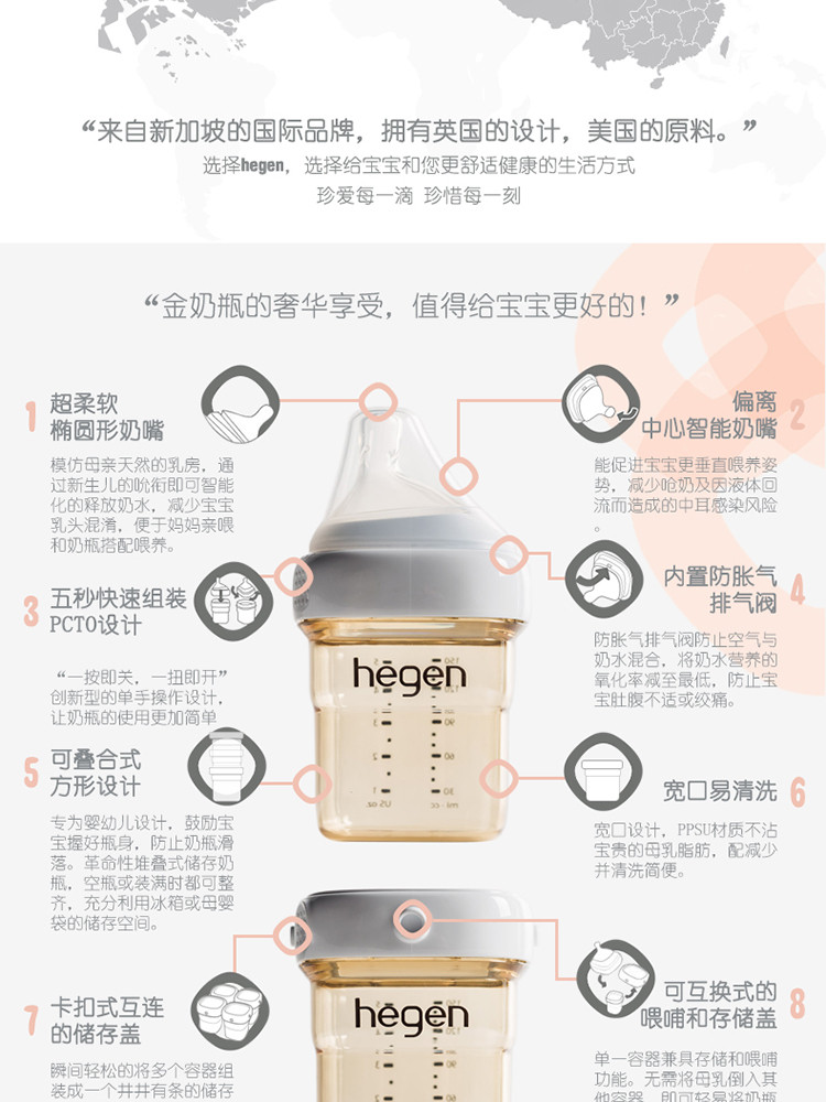 hegen 新加坡品牌 pcto婴儿多功能ppsu奶瓶240毫升/8盎司