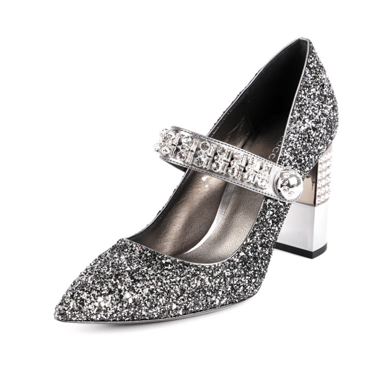 blocco 5/blocco 5 18秋冬尖头水晶一字带粗跟超高跟女士格利特玛丽珍