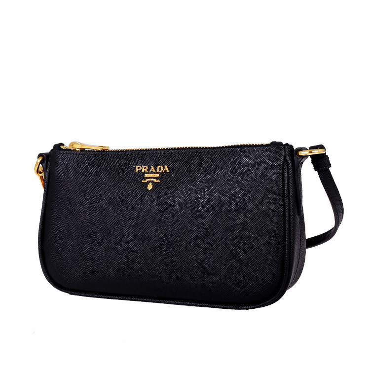 prada/普拉达经典款横版拉链开合牛皮肩带式黑色女士钱包 国际码:1n