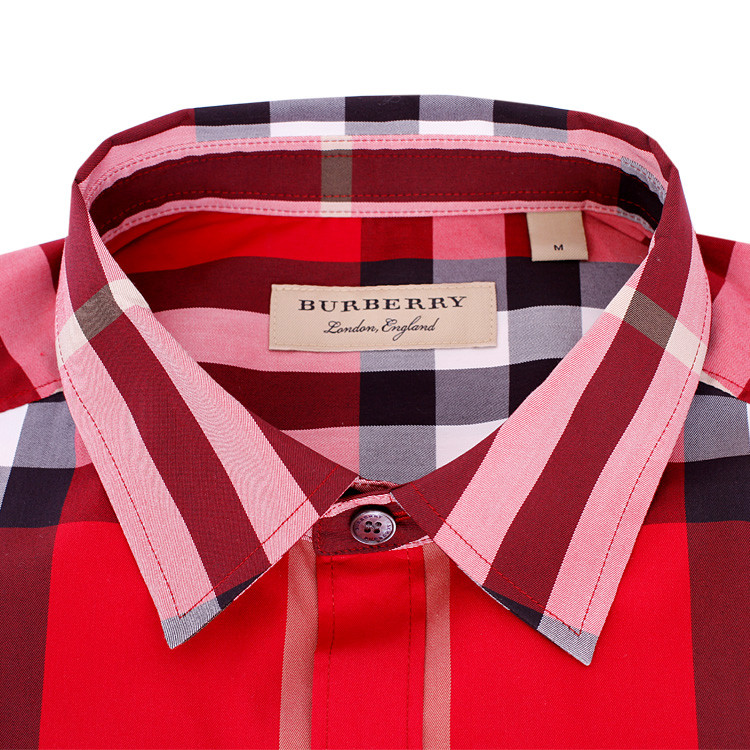 burberry/博柏利时尚经典款修身版翻领棉质红色男士短袖衬衫 国际码