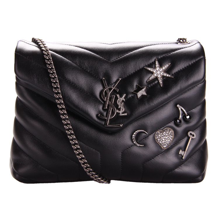 saint laurent paris/圣罗兰 黑色中号v纹星星月亮徽章款真皮链条单肩