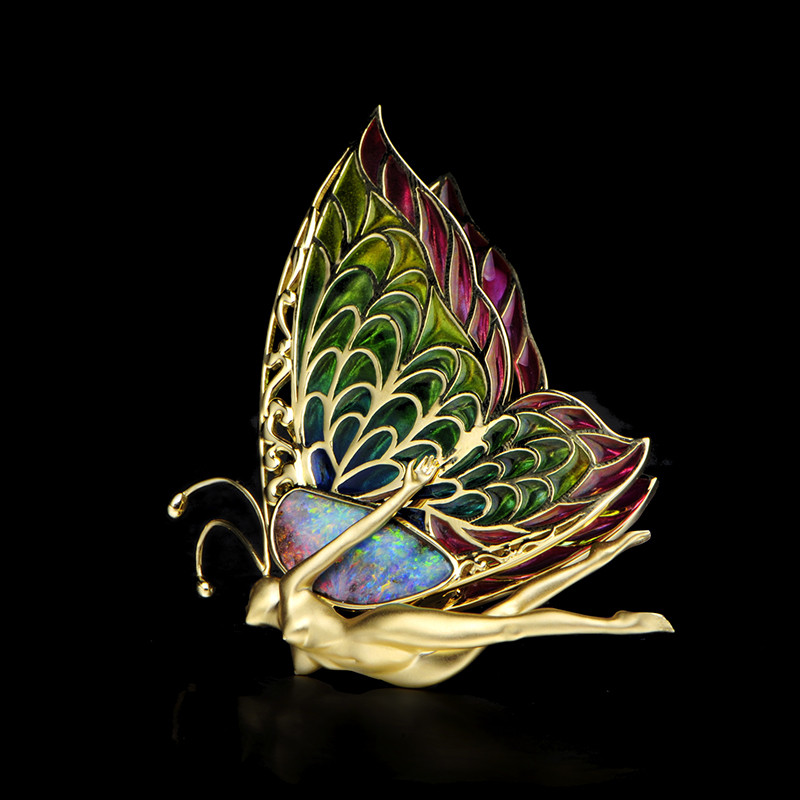 LEE & LAU\/麟琅原创-天使蝴蝶胸针 18K金透胎珐琅镶嵌欧泊