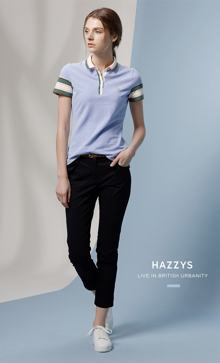 hazzys/哈吉斯 2018夏季新款t恤衫女时尚撞色翻领女士短polo衫astse