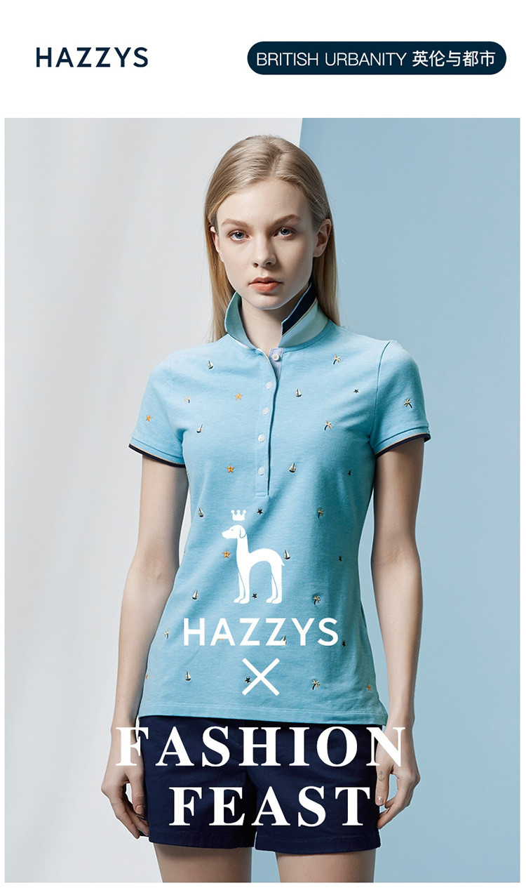 hazzys/哈吉斯 夏季新款t恤衫靓丽印花刺绣女士短polo衫astse07be07