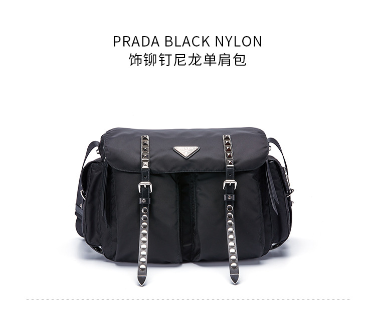 prada/普拉达-black nylon 饰铆钉尼龙织物中性款式单肩包1bd119