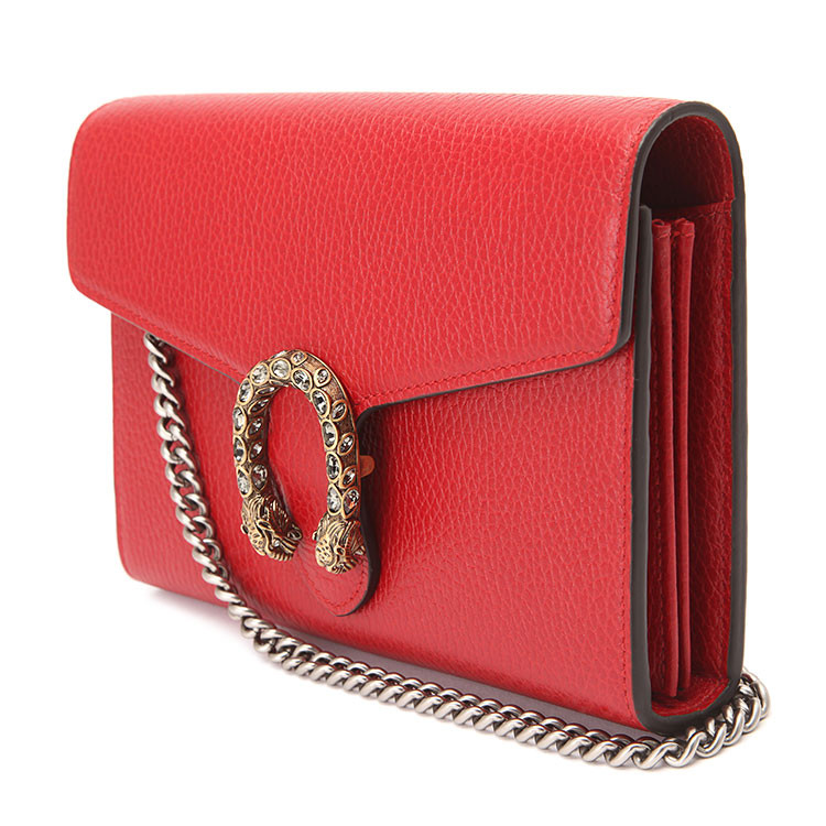 GUCCI\/古驰 红色酒神钻扣woc牛皮女士链条斜