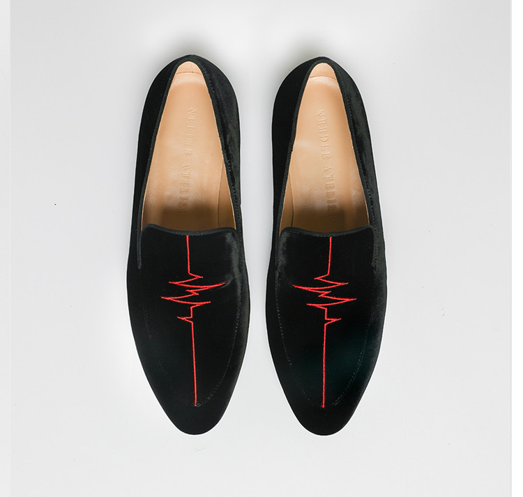 【designershoes】needle【初心跳女孩】黑色丝绒刺绣尖头平底乐福鞋