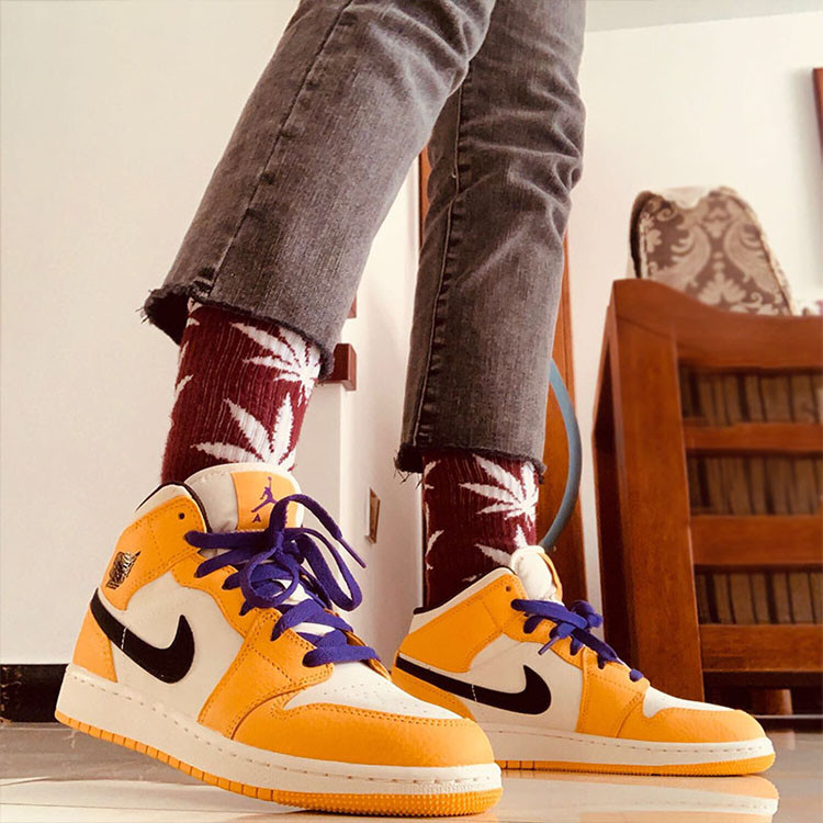 19春夏 aj情侣款 湖人air jordan 1 mid aj1 白橙紫金湖人 篮球鞋 85