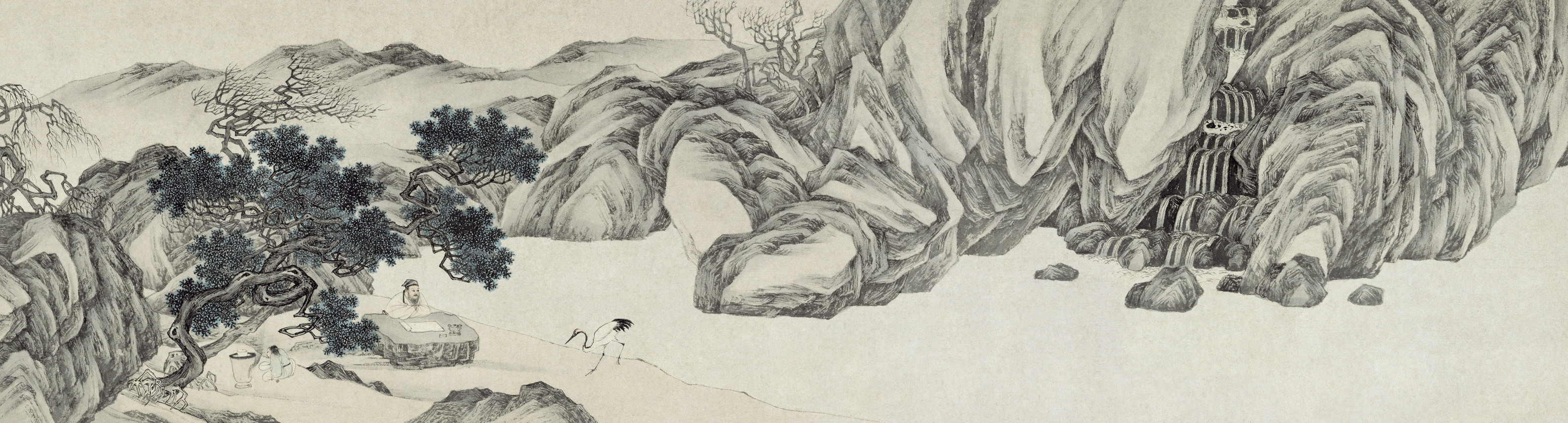 古画复刻 | 明四家 唐伯虎《款鹤图 》实木带框画160x50cm/136x34cm